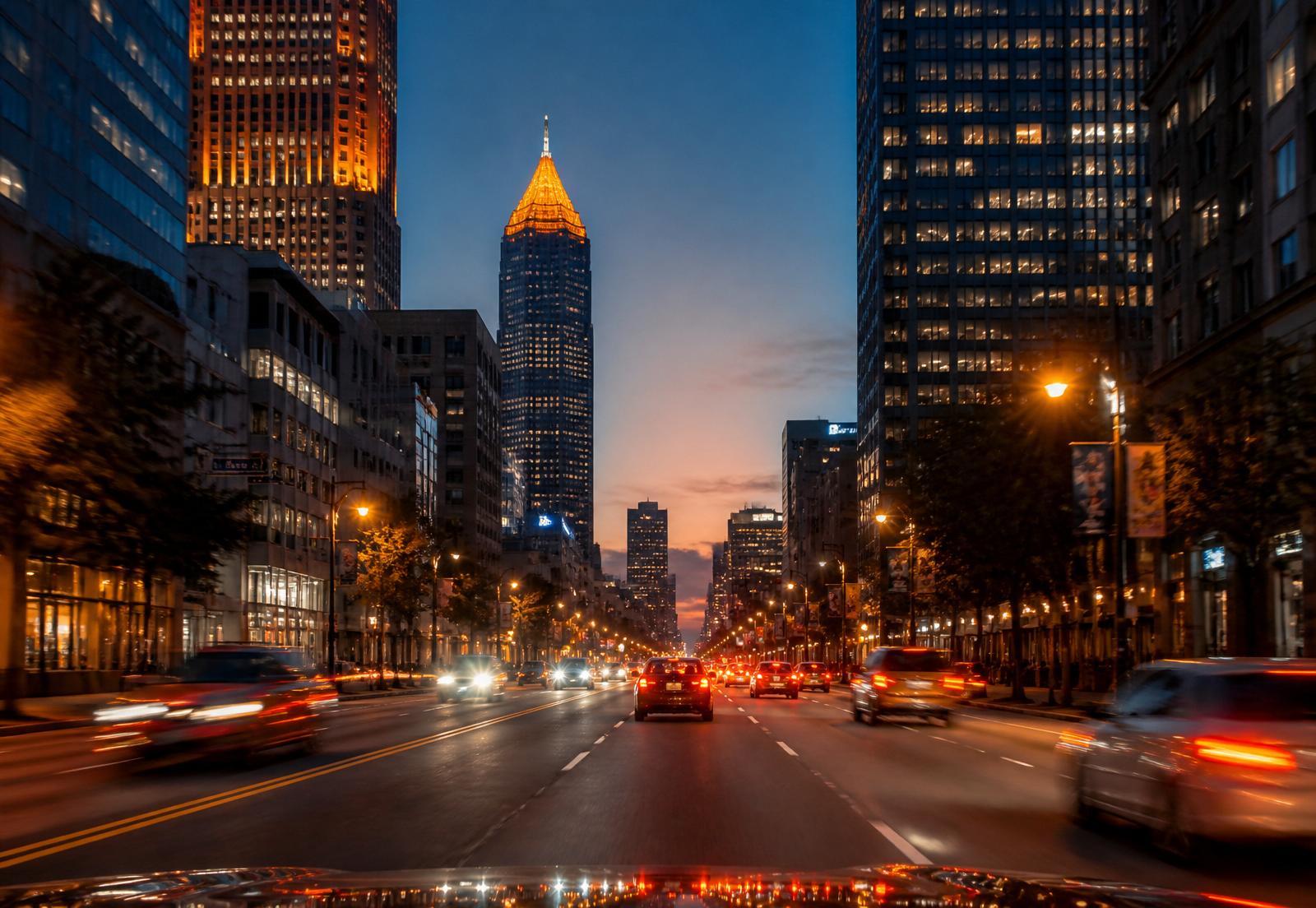 Driving down Peachtree Street through Downtown Atlanta at dusk
