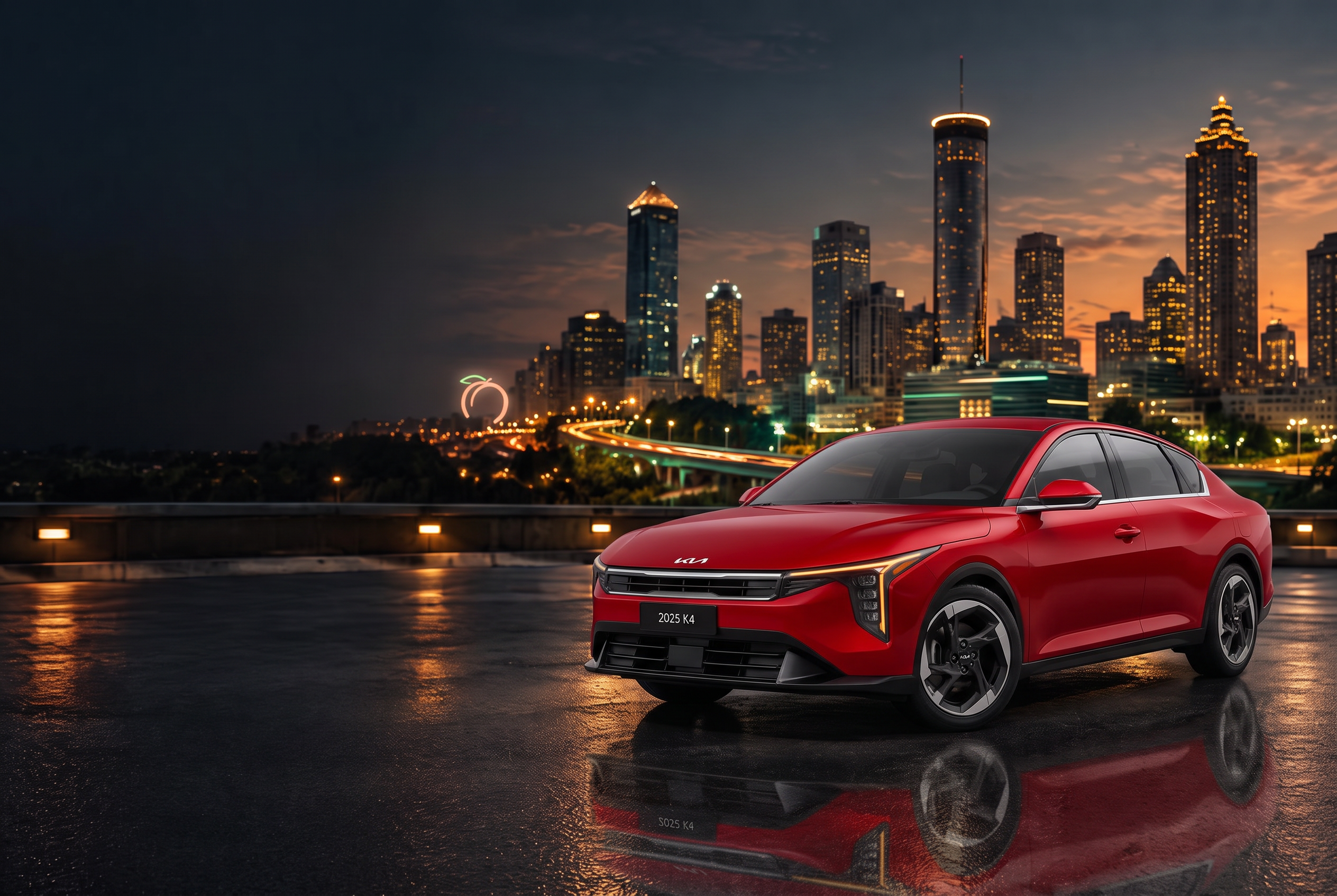 Red 2025 Kia K4 overlooking the illuminated Downtown Atlanta skyline